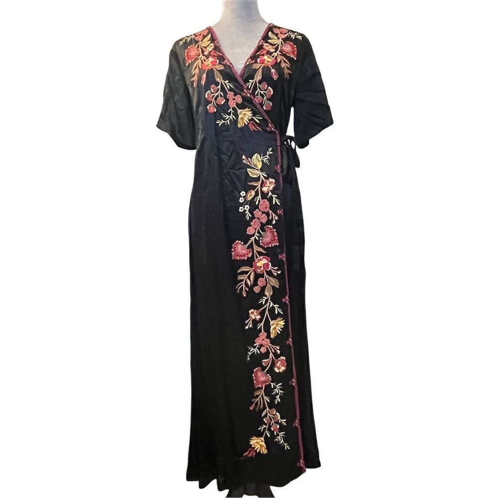 Johnny Was S Workshop Lilith Satin Floral Embroidered Wrap Dress Black Boho Chic - Picture 3 of 16